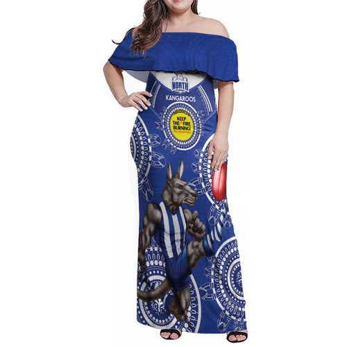 Custom AFL Kangaroos NAIDOC Week Family Matching Off Shoulder Maxi Dress and Hawaiian Shirt Keep The Fire Burning Indigenous Art