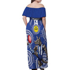 Custom AFL Kangaroos NAIDOC Week Family Matching Off Shoulder Maxi Dress and Hawaiian Shirt Keep The Fire Burning Indigenous Art