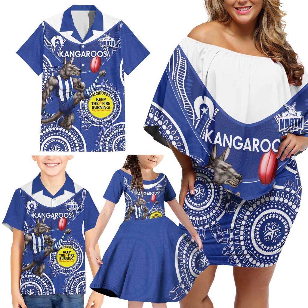Custom AFL Kangaroos NAIDOC Week Family Matching Off Shoulder Short Dress and Hawaiian Shirt Keep The Fire Burning Indigenous Art