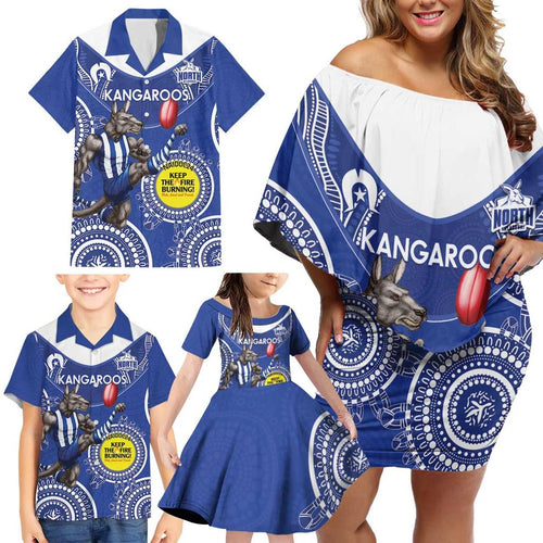 Custom AFL Kangaroos NAIDOC Week Family Matching Off Shoulder Short Dress and Hawaiian Shirt Keep The Fire Burning Indigenous Art