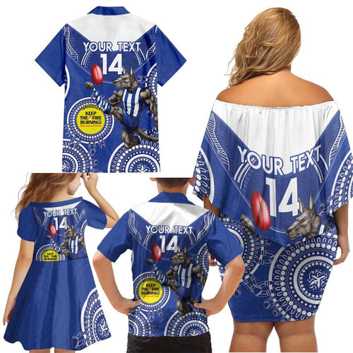 Custom AFL Kangaroos NAIDOC Week Family Matching Off Shoulder Short Dress and Hawaiian Shirt Keep The Fire Burning Indigenous Art