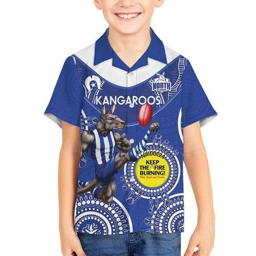 Custom AFL Kangaroos NAIDOC Week Family Matching Off Shoulder Short Dress and Hawaiian Shirt Keep The Fire Burning Indigenous Art