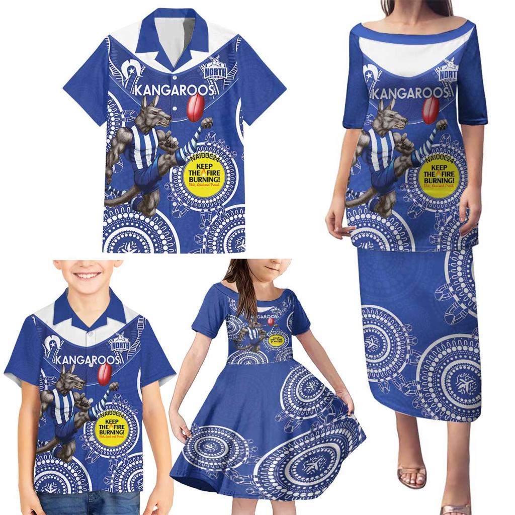 Custom AFL Kangaroos NAIDOC Week Family Matching Puletasi and Hawaiian Shirt Keep The Fire Burning Indigenous Art