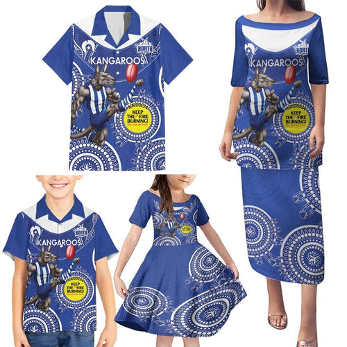 Custom AFL Kangaroos NAIDOC Week Family Matching Puletasi and Hawaiian Shirt Keep The Fire Burning Indigenous Art