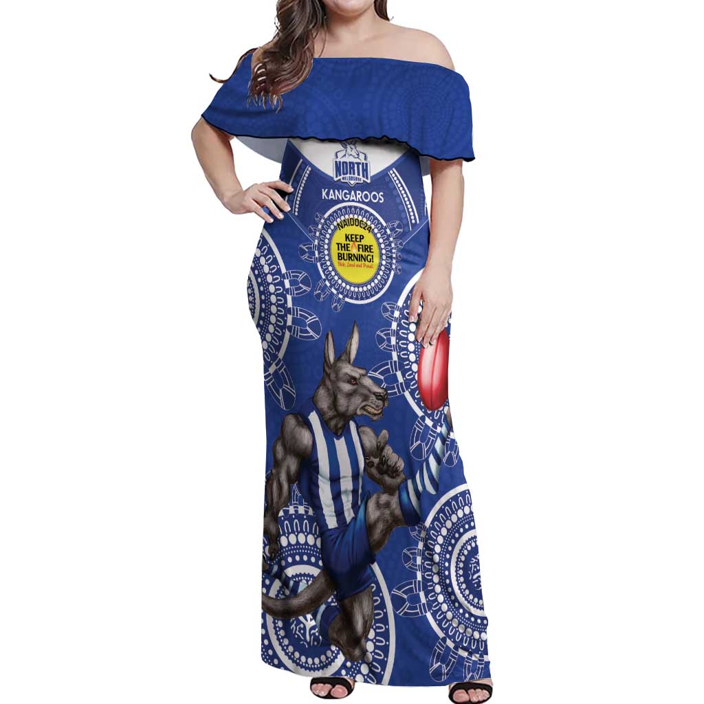 Custom AFL Kangaroos NAIDOC Week Off Shoulder Maxi Dress Keep The Fire Burning Indigenous Art