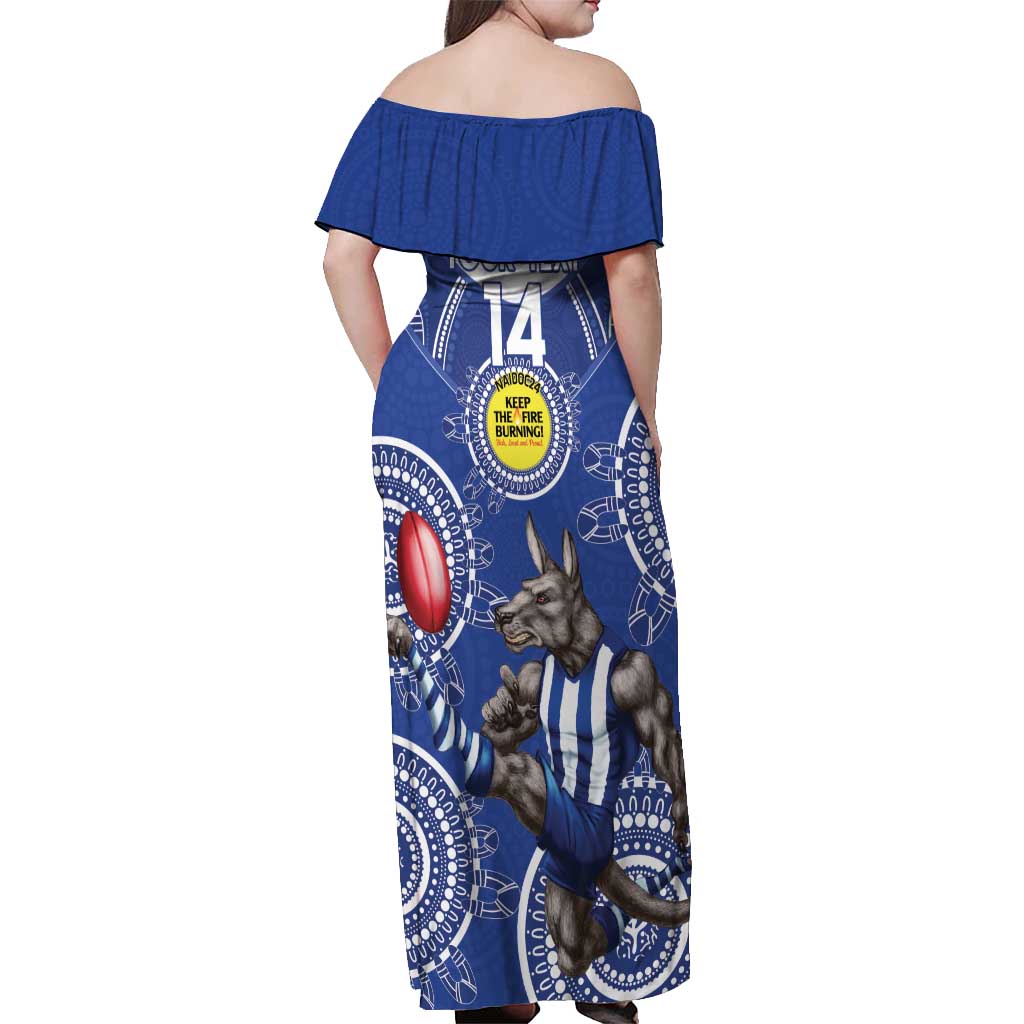 Custom AFL Kangaroos NAIDOC Week Off Shoulder Maxi Dress Keep The Fire Burning Indigenous Art