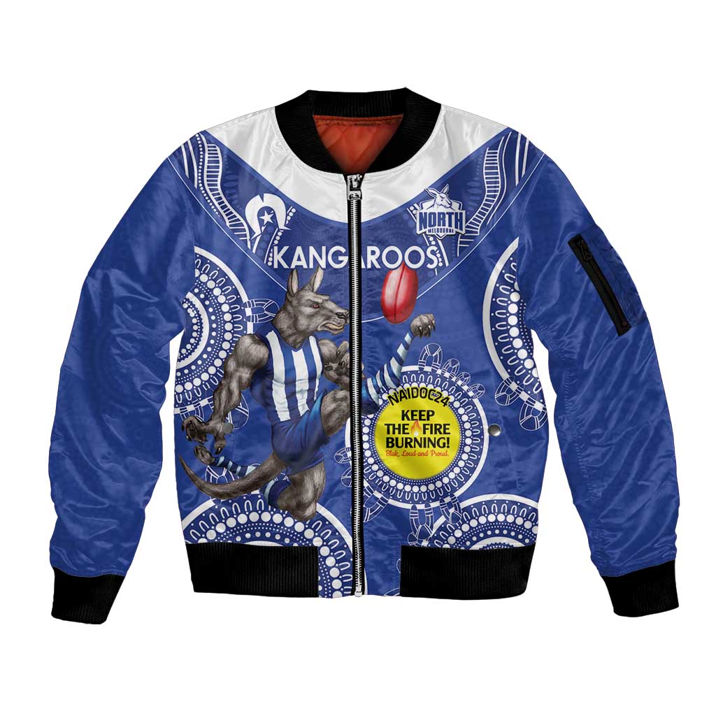 Custom AFL Kangaroos NAIDOC Week Sleeve Zip Bomber Jacket Keep The Fire Burning Indigenous Art