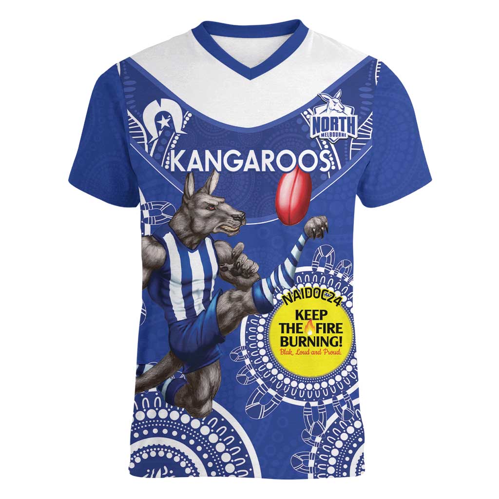 Custom AFL Kangaroos NAIDOC Week Women V-Neck T-Shirt Keep The Fire Burning Indigenous Art