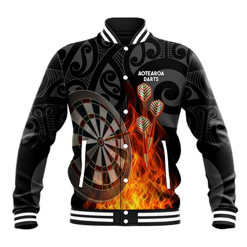 Personalised Aotearoa Darts Baseball Jacket Maori Koru Flaming Dartboard