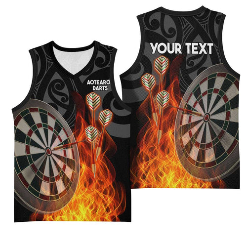 Personalised Aotearoa Darts Basketball Jersey Maori Koru Flaming Dartboard - Aussie Hoodie