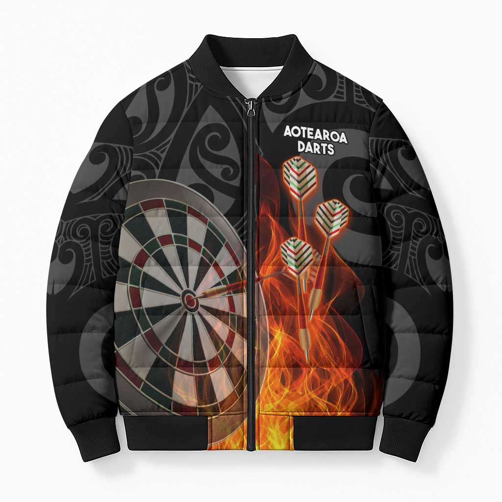 Personalised Aotearoa Darts Bomber Puffer Jacket Maori Koru Flaming Dartboard - Aussie Hoodie