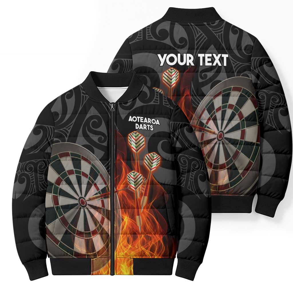 Personalised Aotearoa Darts Bomber Puffer Jacket Maori Koru Flaming Dartboard - Aussie Hoodie