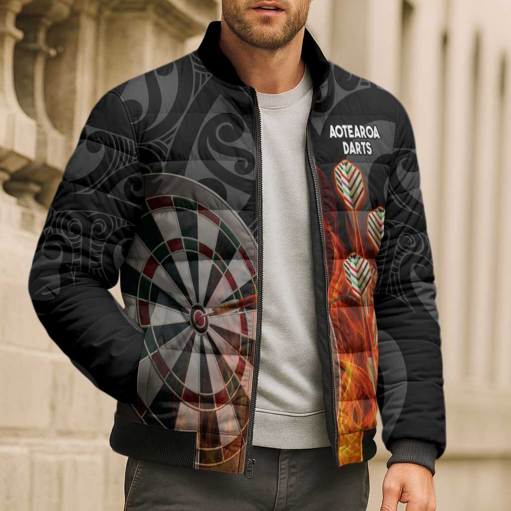 Personalised Aotearoa Darts Bomber Puffer Jacket Maori Koru Flaming Dartboard - Aussie Hoodie