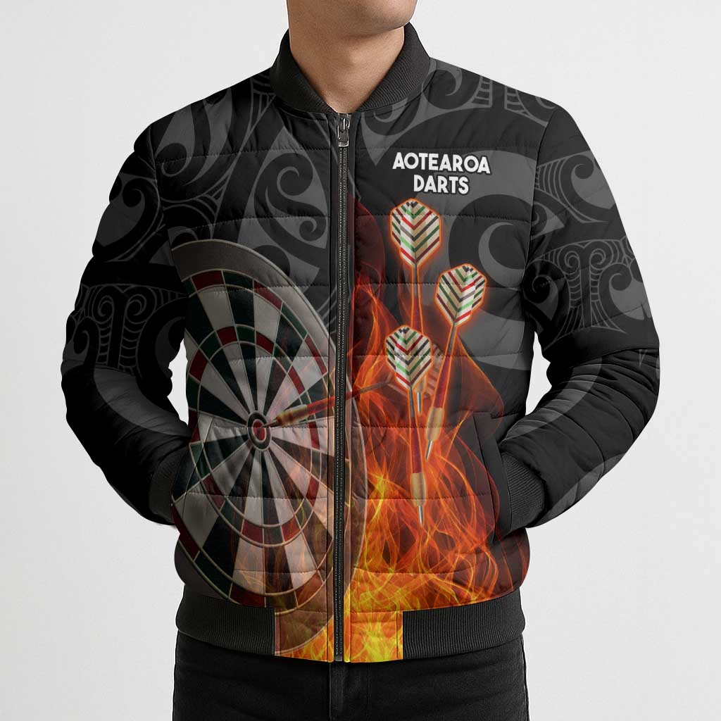 Personalised Aotearoa Darts Bomber Puffer Jacket Maori Koru Flaming Dartboard - Aussie Hoodie