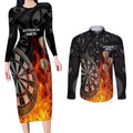 Personalised Aotearoa Darts Couples Matching Long Sleeve Bodycon Dress and Long Sleeve Button Shirt Maori Koru Flaming Dartboard