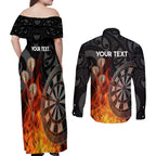 Personalised Aotearoa Darts Couples Matching Off Shoulder Maxi Dress and Long Sleeve Button Shirt Maori Koru Flaming Dartboard