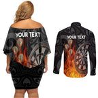Personalised Aotearoa Darts Couples Matching Off Shoulder Short Dress and Long Sleeve Button Shirt Maori Koru Flaming Dartboard
