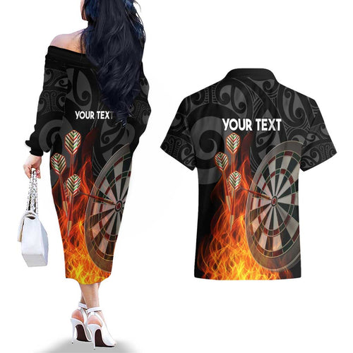Personalised Aotearoa Darts Couples Matching Off The Shoulder Long Sleeve Dress and Hawaiian Shirt Maori Koru Flaming Dartboard