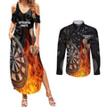 Personalised Aotearoa Darts Couples Matching Summer Maxi Dress and Long Sleeve Button Shirt Maori Koru Flaming Dartboard