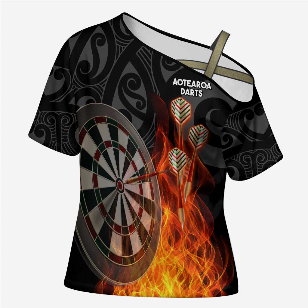 Personalised Aotearoa Darts Cross Shoulder Shirt Maori Koru Flaming Dartboard - Aussie Hoodie