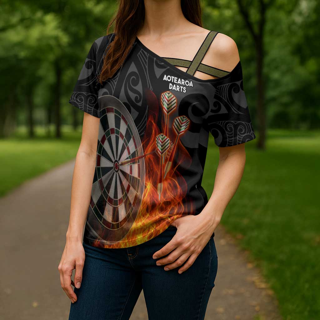 Personalised Aotearoa Darts Cross Shoulder Shirt Maori Koru Flaming Dartboard - Aussie Hoodie