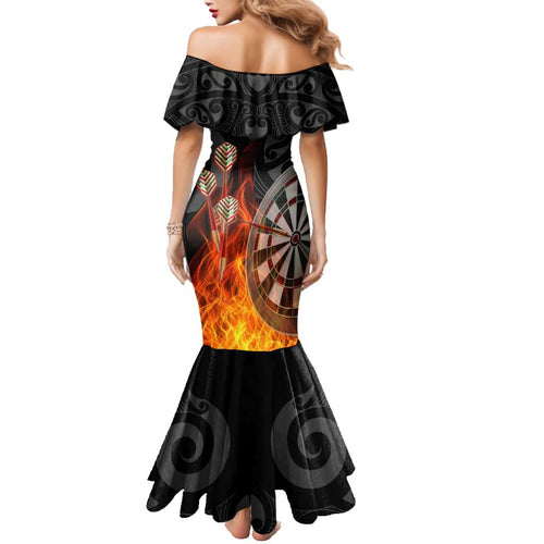 Personalised Aotearoa Darts Family Matching Mermaid Dress and Hawaiian Shirt Maori Koru Flaming Dartboard