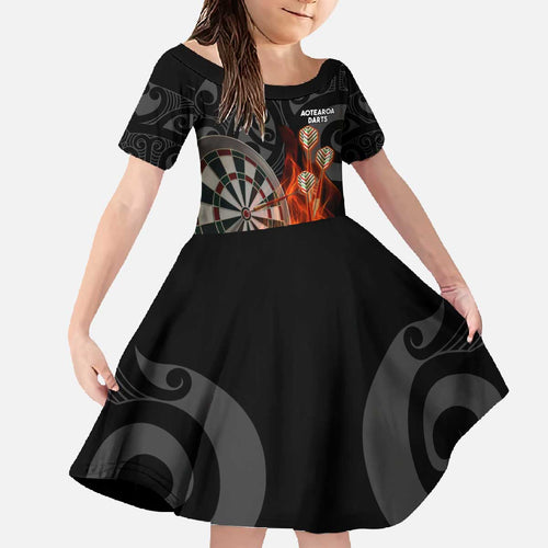 Personalised Aotearoa Darts Family Matching Off The Shoulder Long Sleeve Dress and Hawaiian Shirt Maori Koru Flaming Dartboard