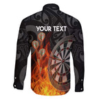 Personalised Aotearoa Darts Family Matching Off The Shoulder Long Sleeve Dress and Hawaiian Shirt Maori Koru Flaming Dartboard