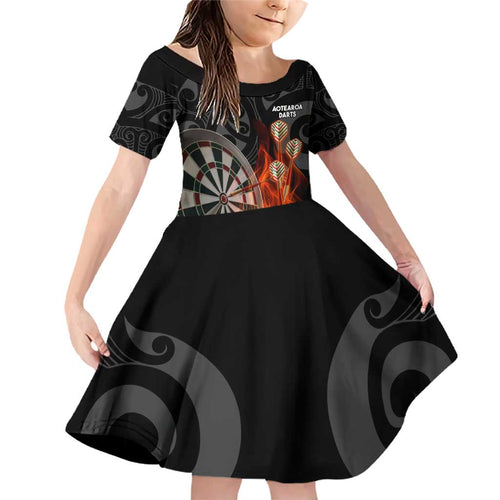 Personalised Aotearoa Darts Family Matching Off Shoulder Short Dress and Hawaiian Shirt Maori Koru Flaming Dartboard