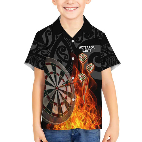 Personalised Aotearoa Darts Hawaiian Shirt Maori Koru Flaming Dartboard