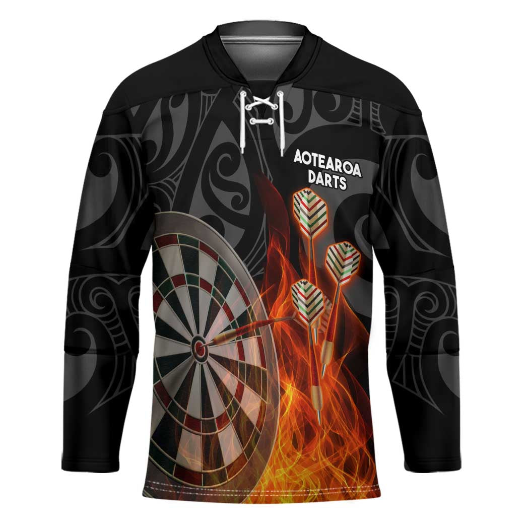 Personalised Aotearoa Darts Hockey Jersey Maori Koru Flaming Dartboard - Aussie Hoodie