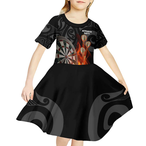 Personalised Aotearoa Darts Kid Short Sleeve Dress Maori Koru Flaming Dartboard