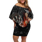 Personalised Aotearoa Darts Off Shoulder Short Dress Maori Koru Flaming Dartboard
