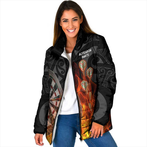 Personalised Aotearoa Darts Padded Jacket Maori Koru Flaming Dartboard - Aussie Hoodie