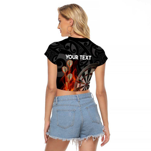 Personalised Aotearoa Darts Raglan Cropped T Shirt Maori Koru Flaming Dartboard
