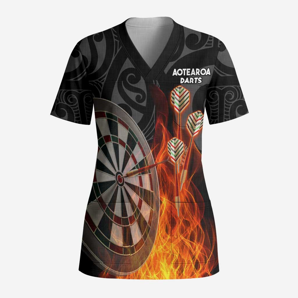 Personalised Aotearoa Darts Scrub Top Maori Koru Flaming Dartboard - Aussie Hoodie