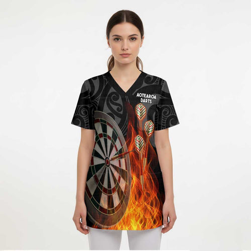 Personalised Aotearoa Darts Scrub Top Maori Koru Flaming Dartboard - Aussie Hoodie