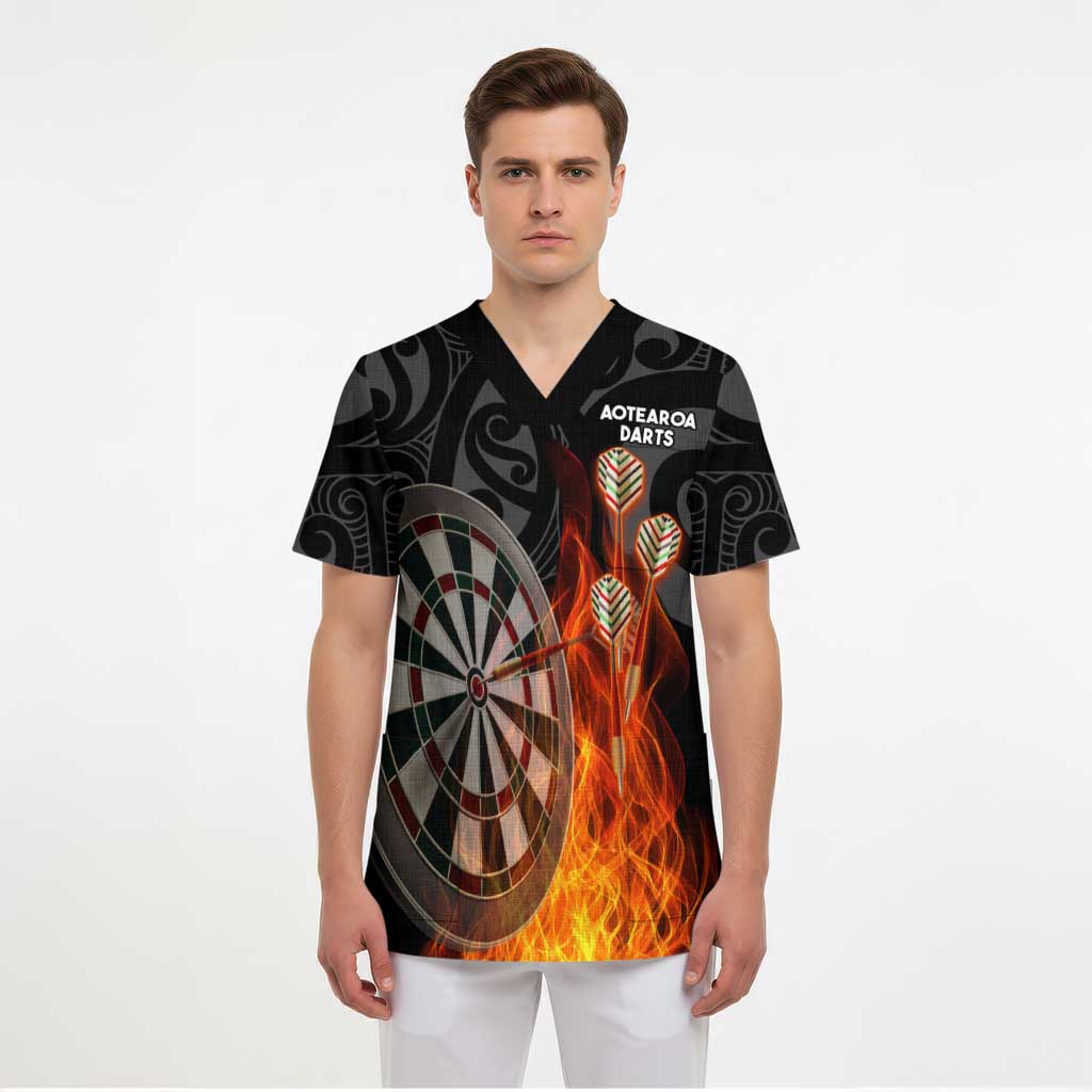 Personalised Aotearoa Darts Scrub Top Maori Koru Flaming Dartboard - Aussie Hoodie