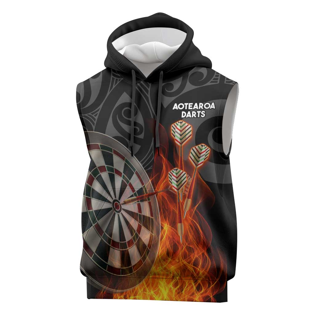 Personalised Aotearoa Darts Sleeveless Hoodie Maori Koru Flaming Dartboard - Aussie Hoodie