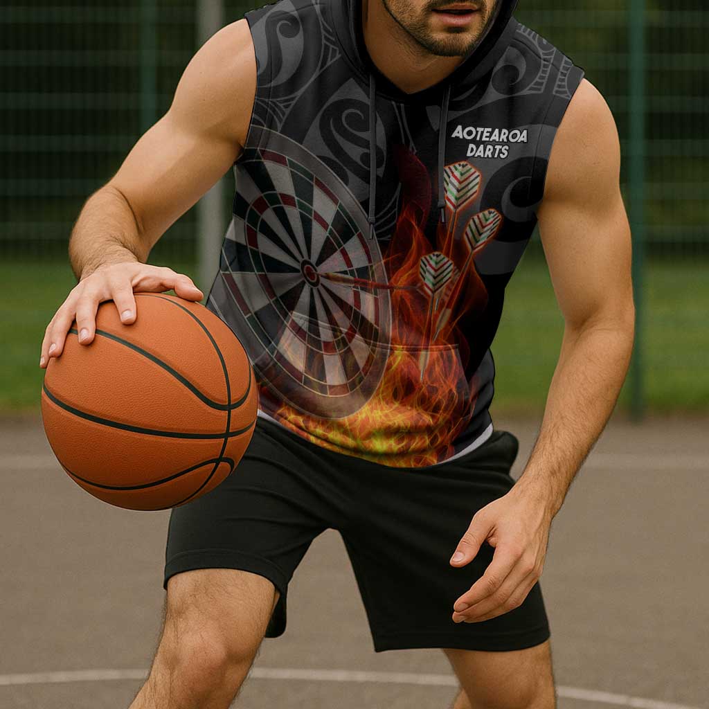 Personalised Aotearoa Darts Sleeveless Hoodie Maori Koru Flaming Dartboard - Aussie Hoodie