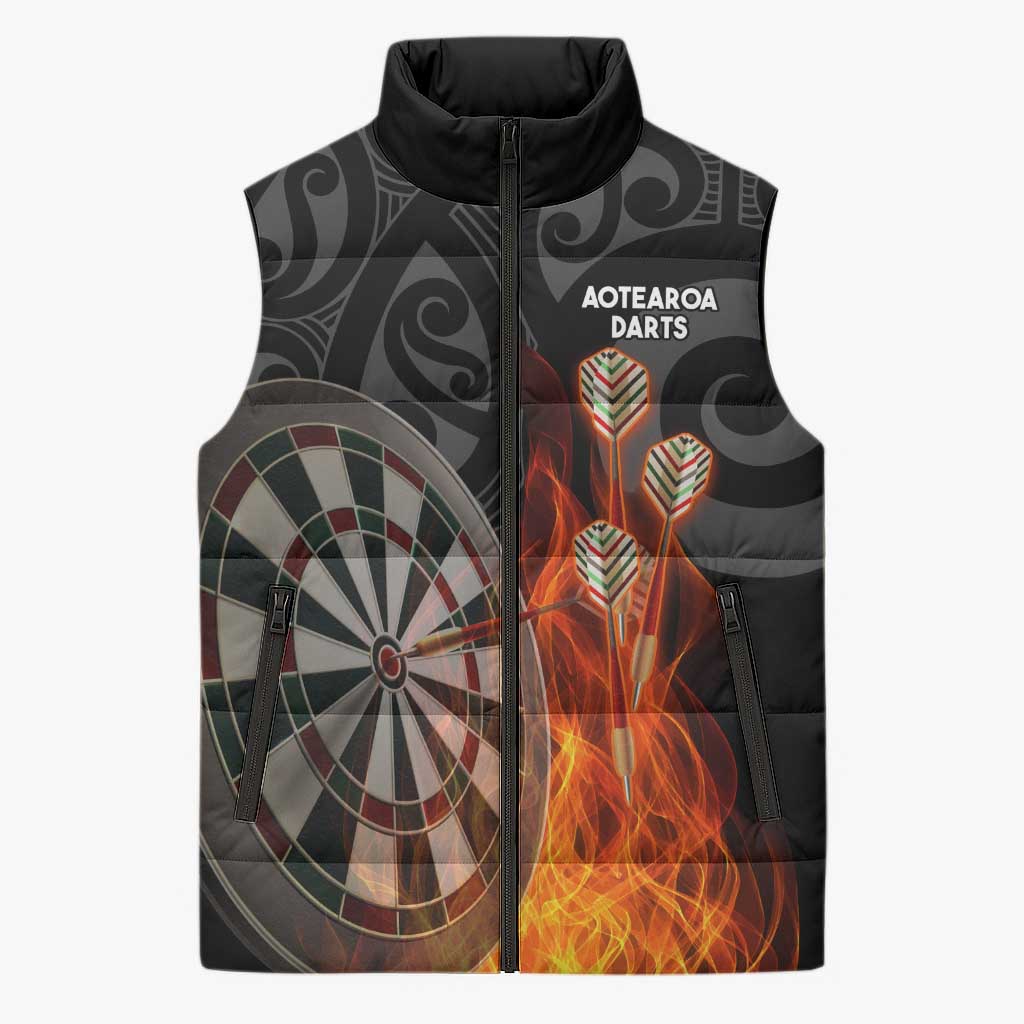 Personalised Aotearoa Darts Sleeveless Puffer Jacket Maori Koru Flaming Dartboard - Aussie Hoodie