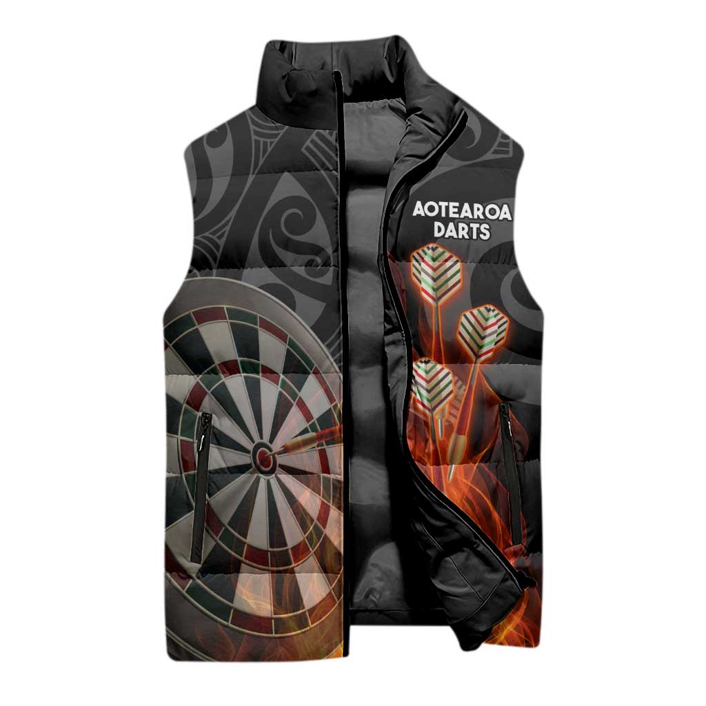 Personalised Aotearoa Darts Sleeveless Puffer Jacket Maori Koru Flaming Dartboard - Aussie Hoodie