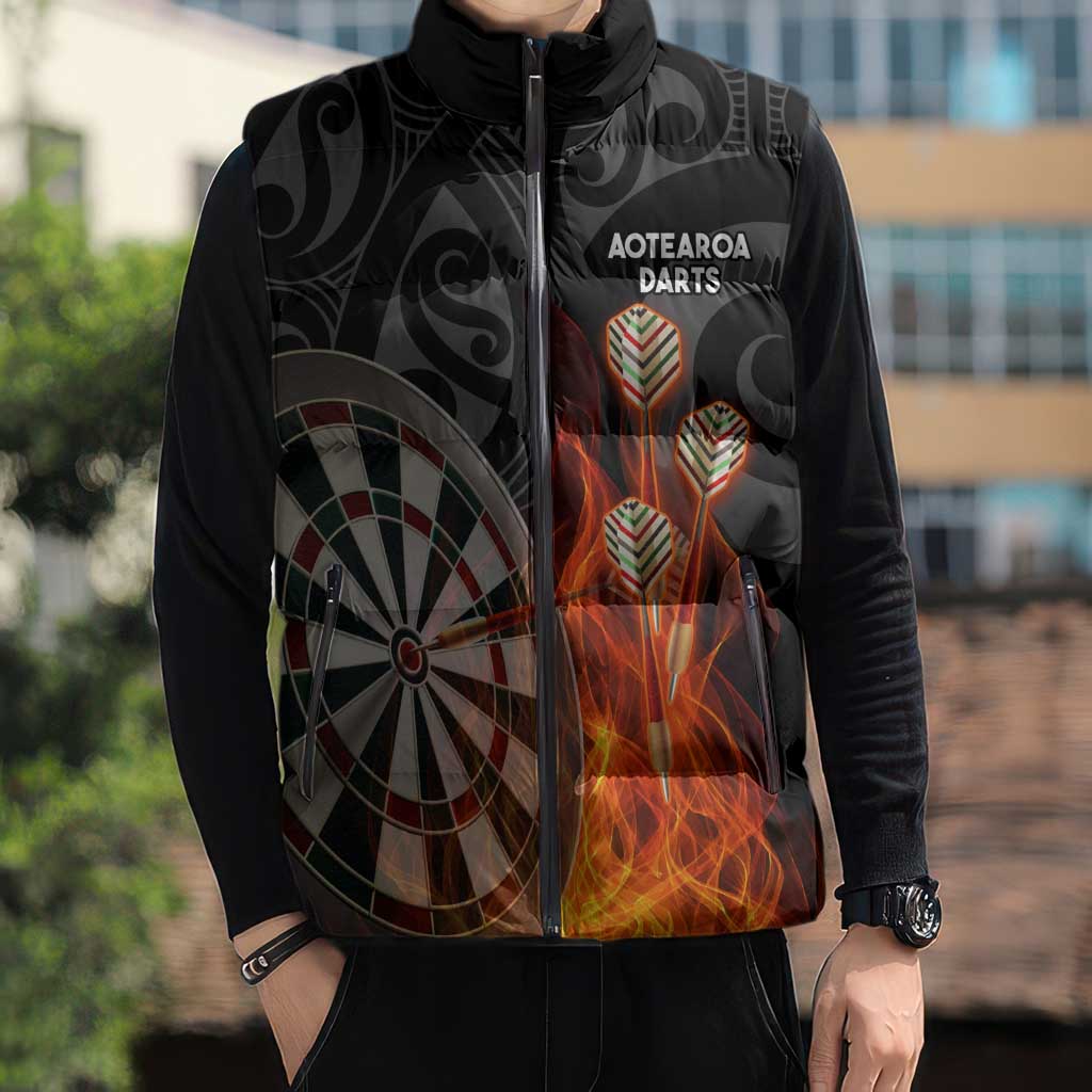 Personalised Aotearoa Darts Sleeveless Puffer Jacket Maori Koru Flaming Dartboard - Aussie Hoodie