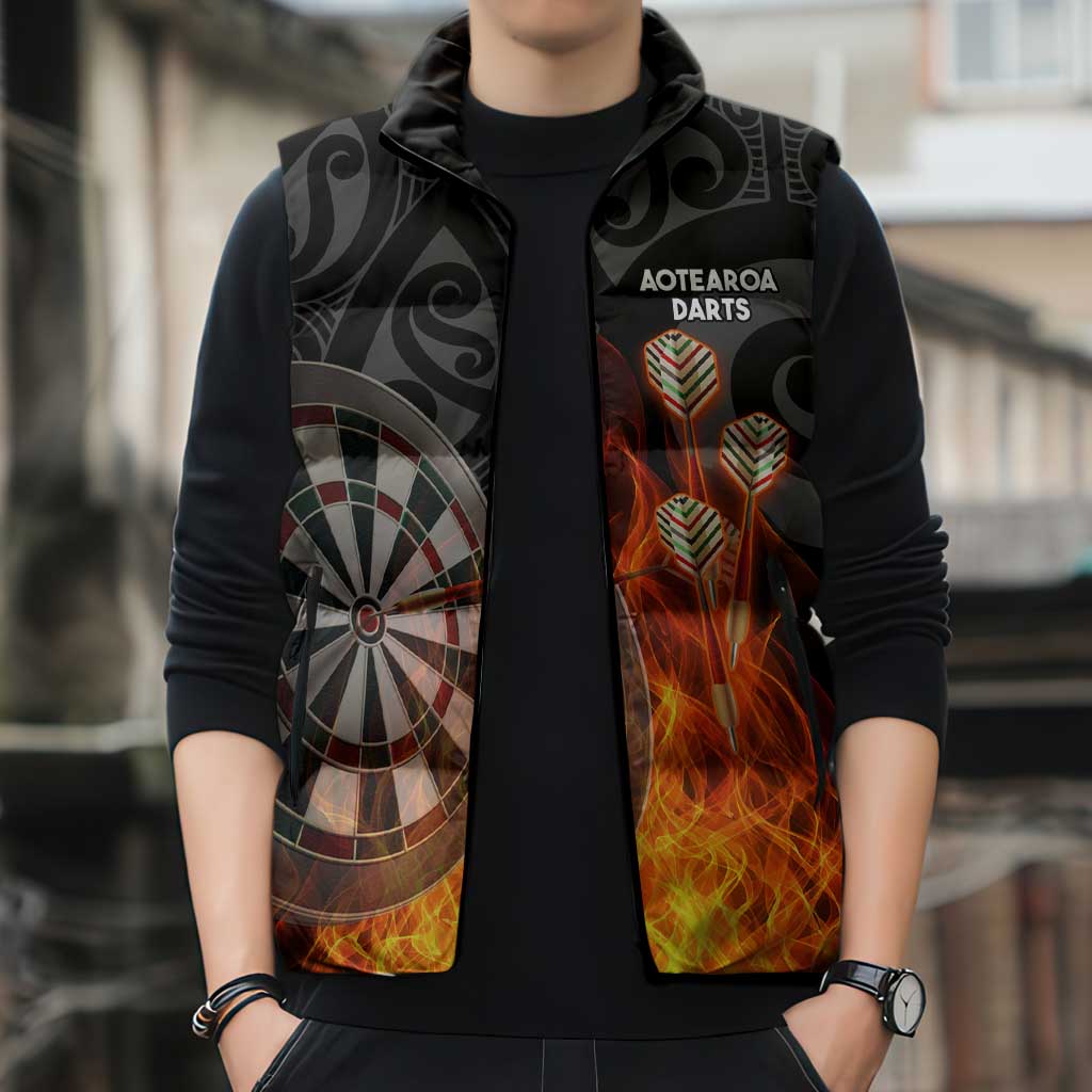 Personalised Aotearoa Darts Sleeveless Puffer Jacket Maori Koru Flaming Dartboard - Aussie Hoodie