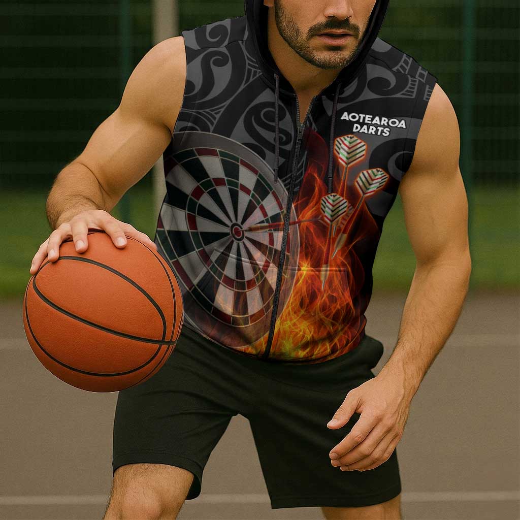Personalised Aotearoa Darts Sleeveless Zip Hoodie Maori Koru Flaming Dartboard LT14