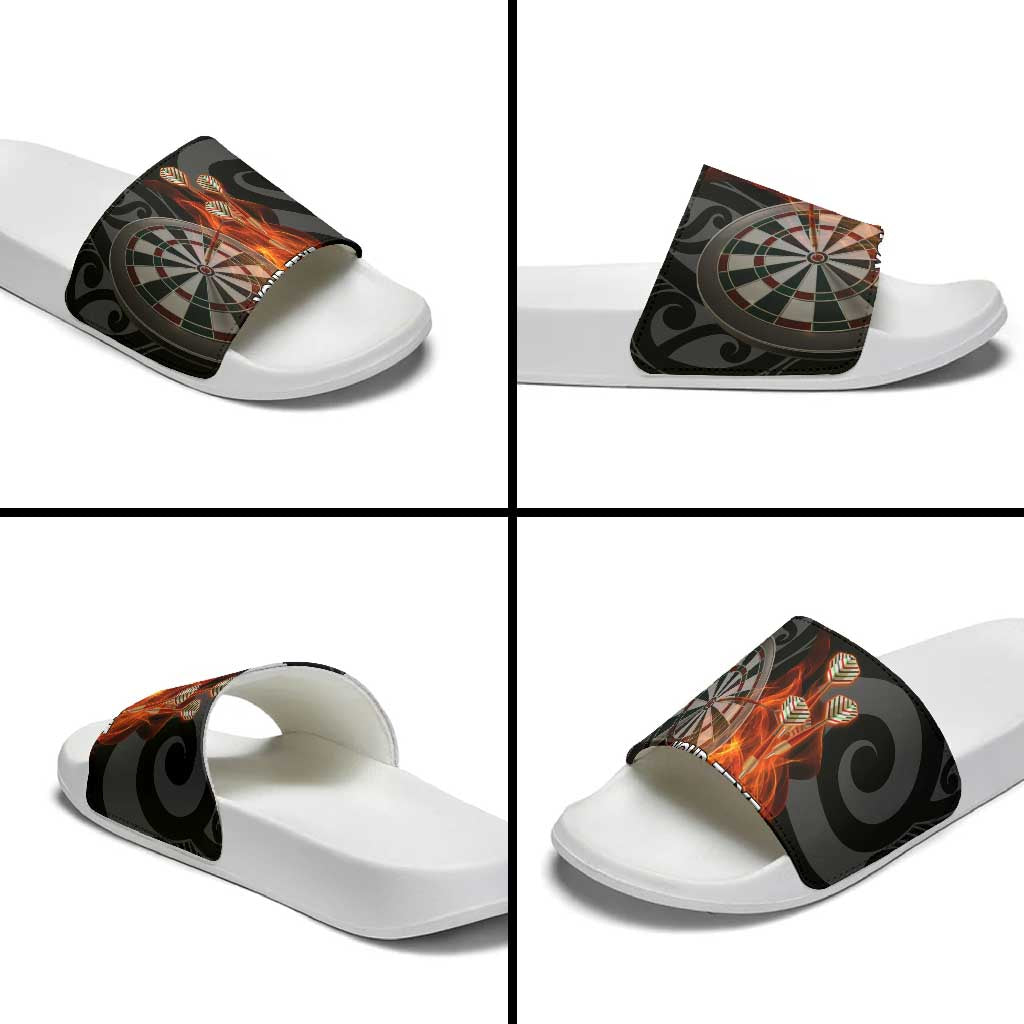 Personalised Aotearoa Darts Slide Sandals Maori Koru Flaming Dartboard - Aussie Hoodie