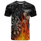 Personalised Aotearoa Darts T Shirt Maori Koru Flaming Dartboard