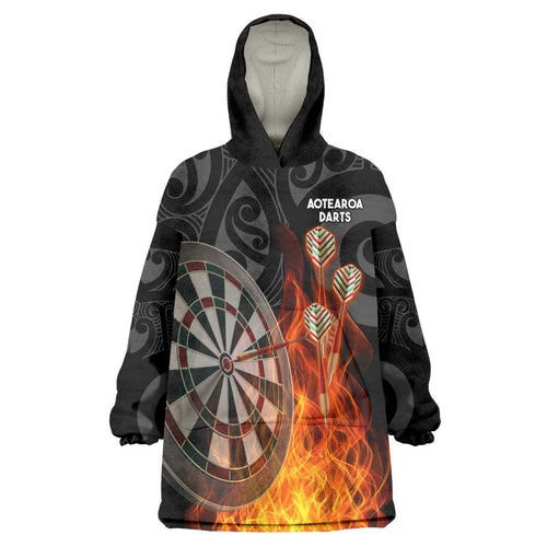 Personalised Aotearoa Darts Wearable Blanket Hoodie Maori Koru Flaming Dartboard