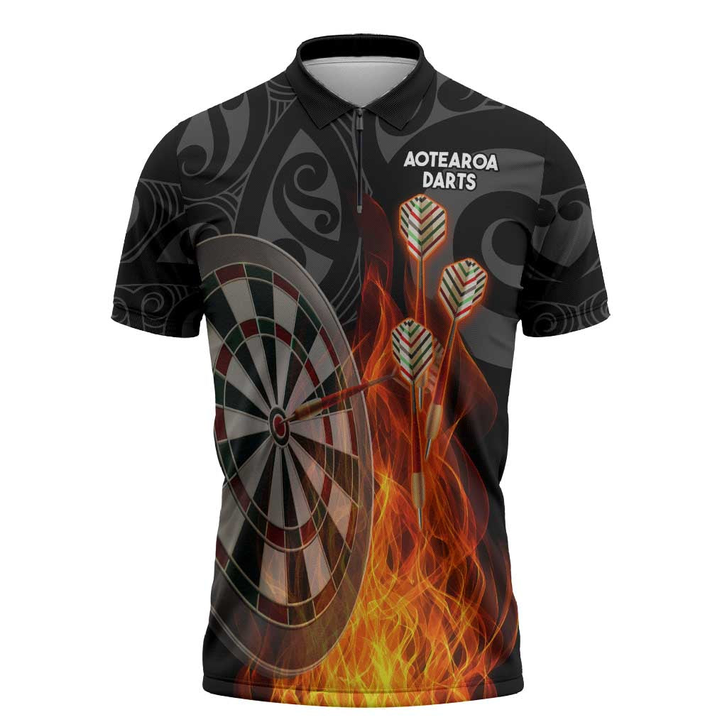 Personalised Aotearoa Darts Zipper Polo Shirt Maori Koru Flaming Dartboard - Aussie Hoodie