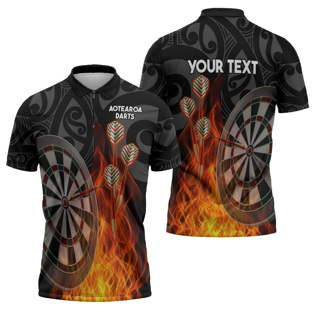 Personalised Aotearoa Darts Zipper Polo Shirt Maori Koru Flaming Dartboard - Aussie Hoodie
